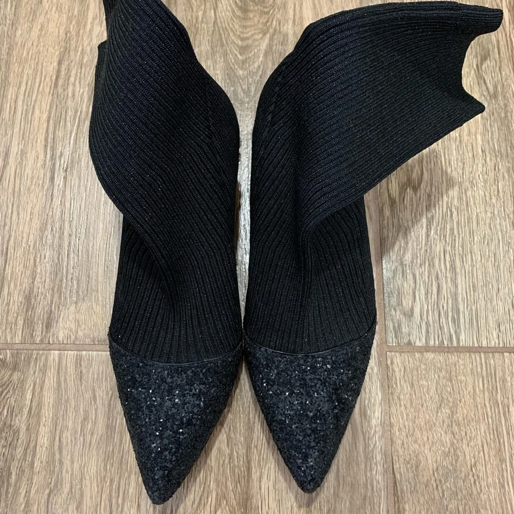 Miu Miu Black Glitter Sock Ankle Boots with Jeweled Heel